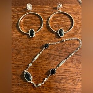 Classic Kendra Scott Adjustable Necklace & Earrings Silver Tone w/ Black Stones